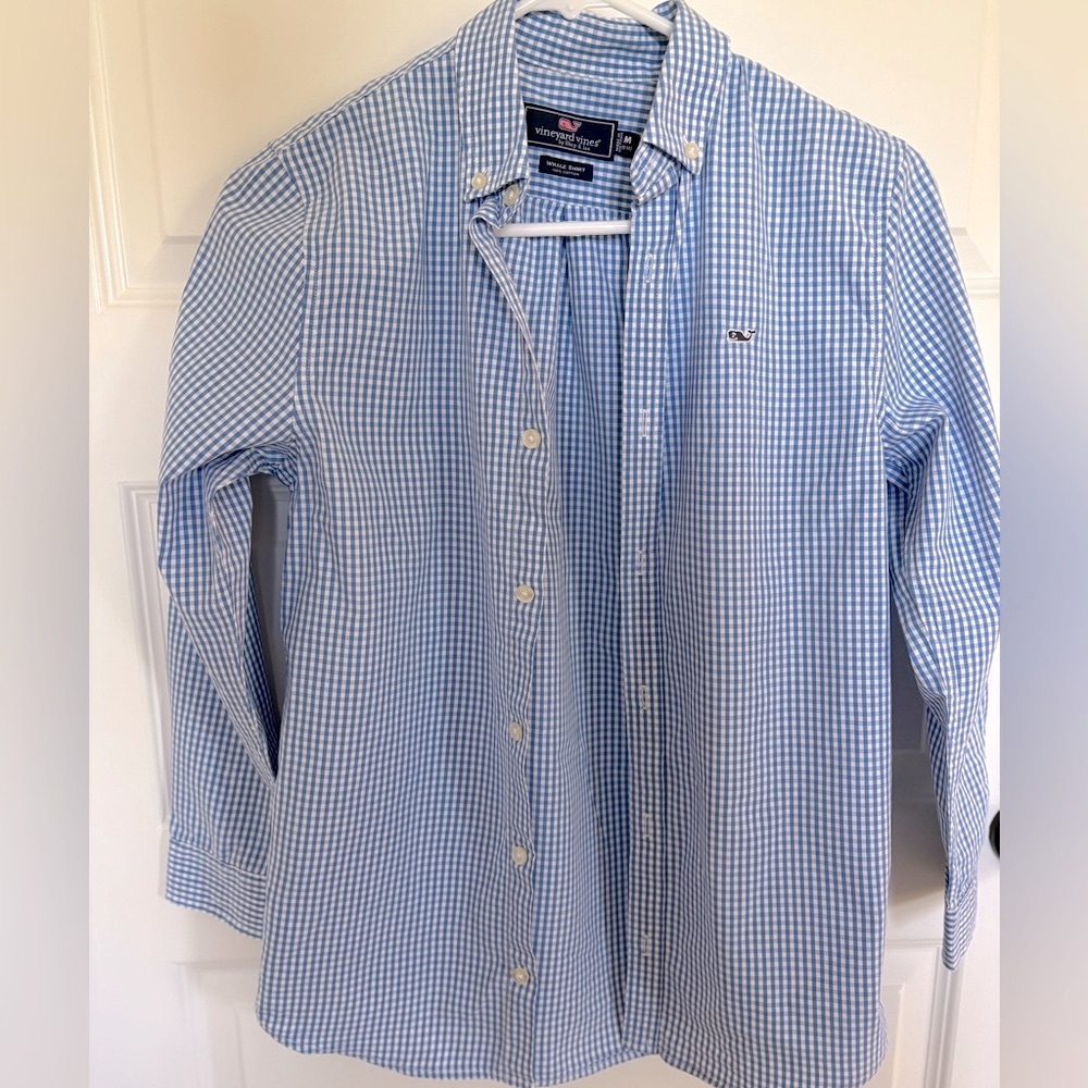 Vineyard Vines CLASSIC GINGHAM WHALE SHIRT, BLUE, SIZE M (12-14)